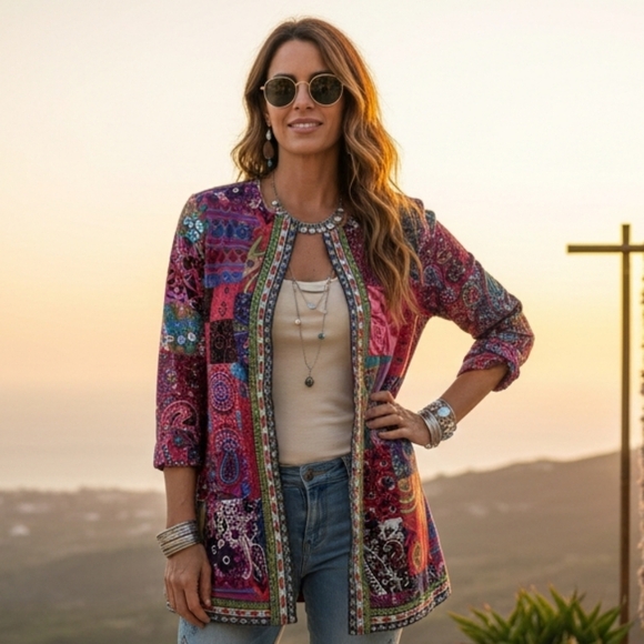 E-Rétro Jackets & Blazers - E-Rétro Women's Retro Patchwork Eclectic Boho Open-Front Jacket Size S/M